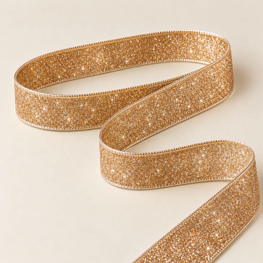 Rose gold glitter Christmas ribbon with shimmering metallic finish and wired edges, 5.5cm wide and 10m long, ideal for Christmas tree bows, wreaths and festive decorations.