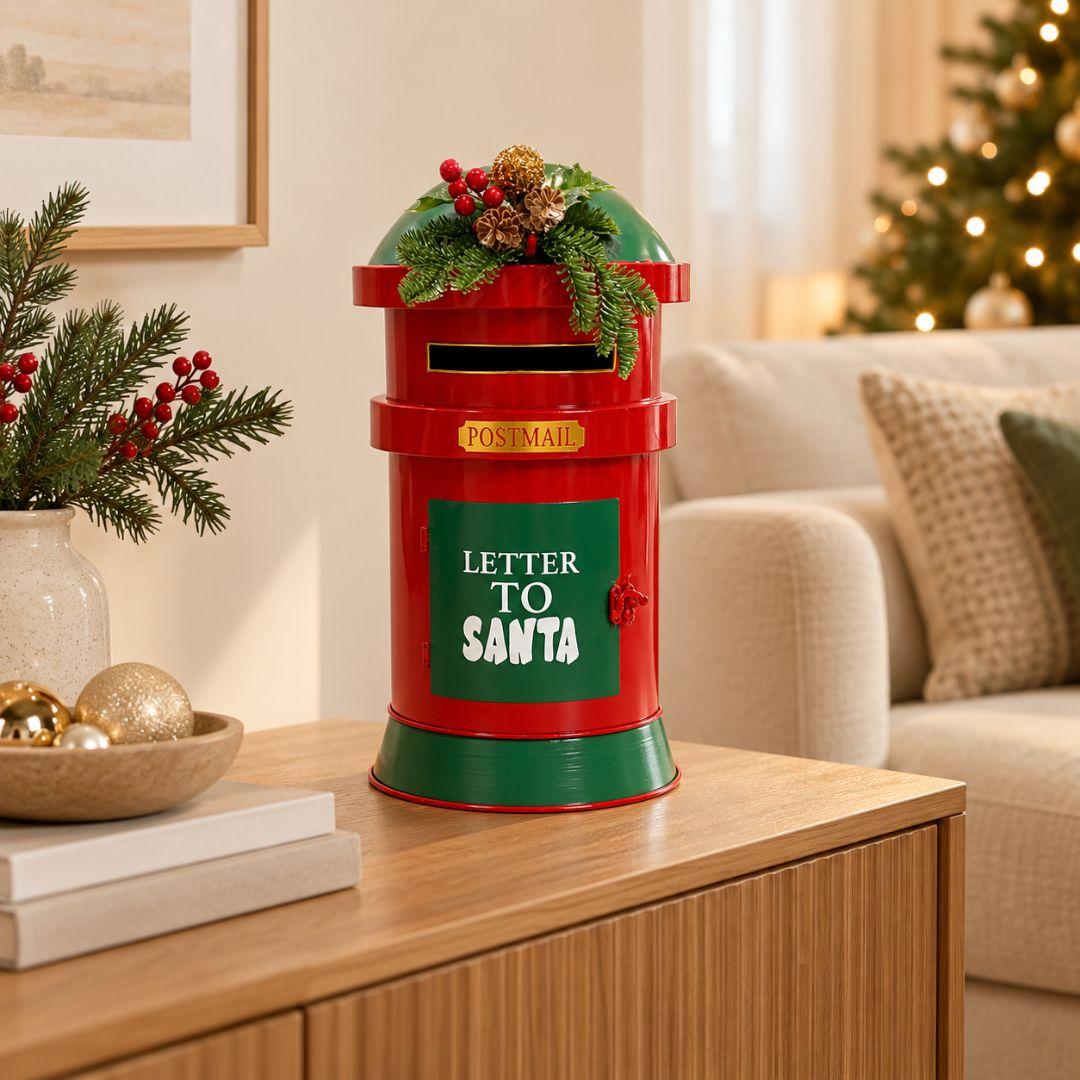 Santa Mail Letterbox metal Christmas mailbox in red and green with festive pine greenery and Letter to Santa design on a beige background