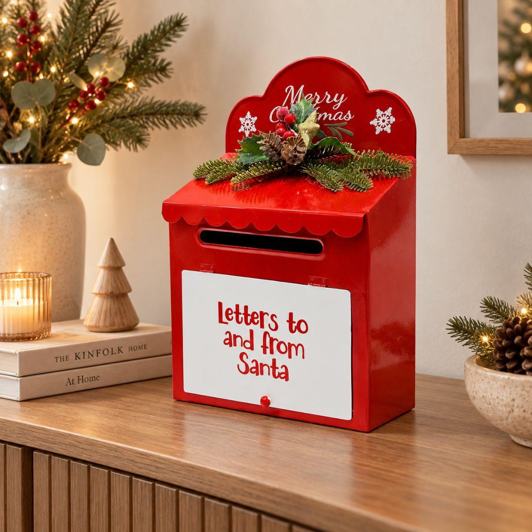 Santa's Merry Mail Christmas Letterbox made of red metal with white Letters to and from Santa panel and festive greenery on beige background