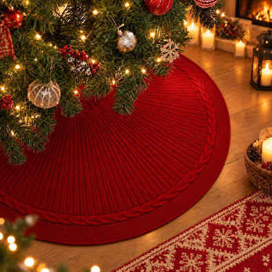 Scarlett red knitted Christmas tree skirt under artificial Christmas tree
