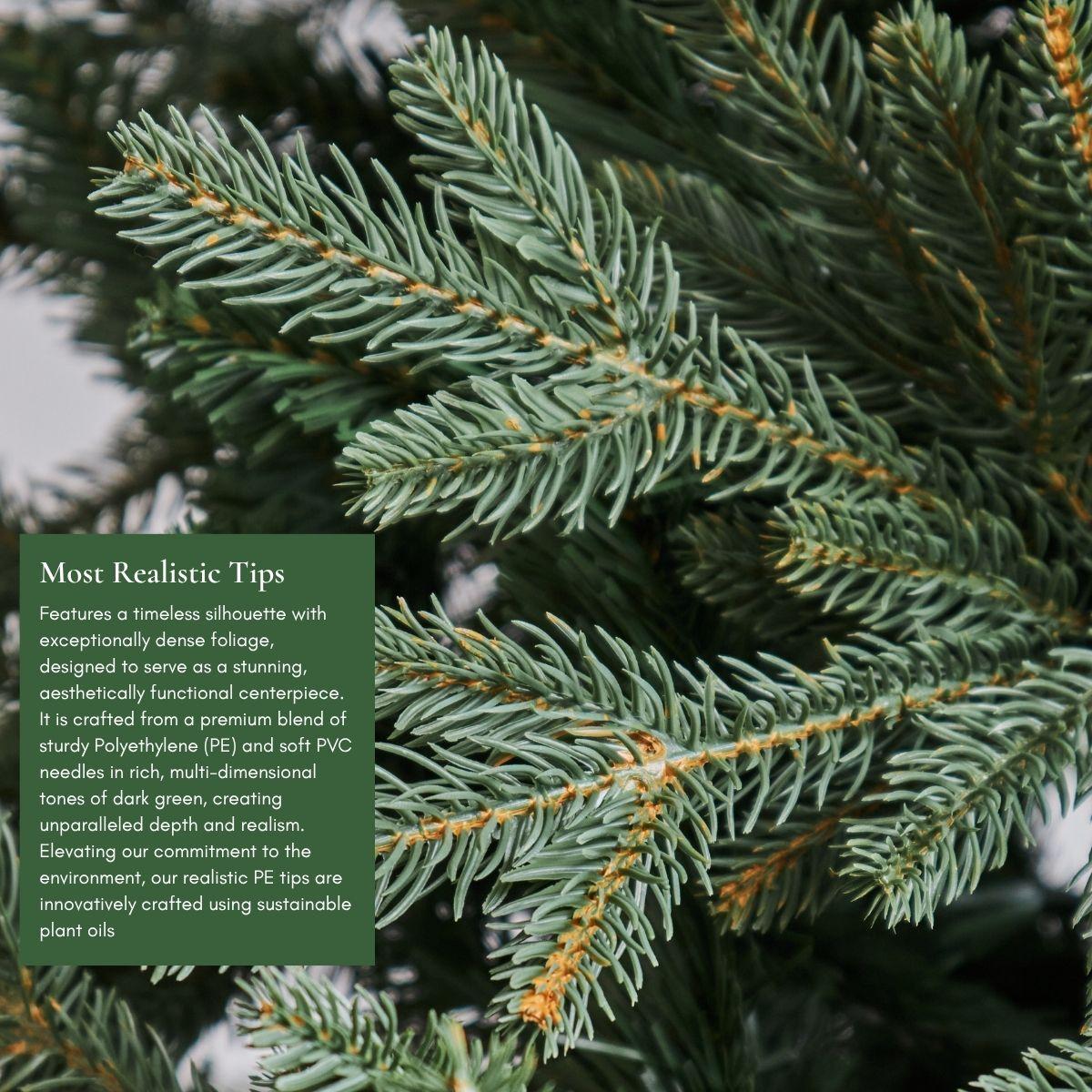 Close-up of hyper-realistic PE and PVC needle tips on the Vermonia Fraser Fir Christmas tree, rivaling Pine Concept for the highest quality faux trees in Singapore