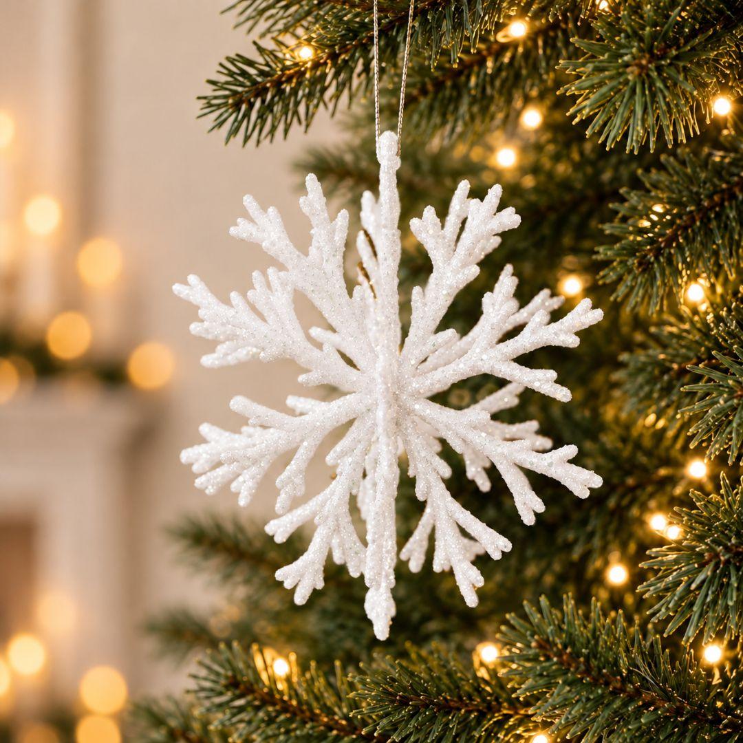 White glitter snowflake Christmas ornament hanging on a decorated Christmas tree with warm lights.