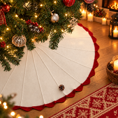 Noelle red and white knitted Christmas tree skirt under artificial Christmas tree