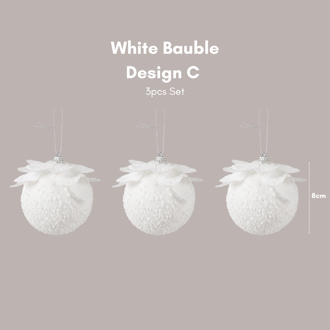 8cm White Christmas Hanging Baubles Ornament for Christmas Tree Singapore - Speckled Space