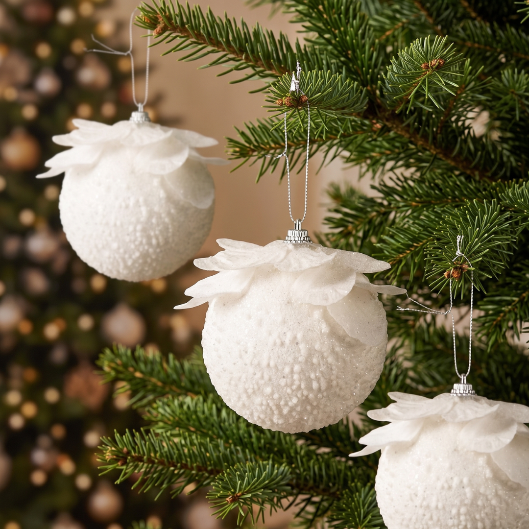 8cm White Christmas Hanging Baubles styled on pine branches for Christmas Tree Singapore - Speckled Space