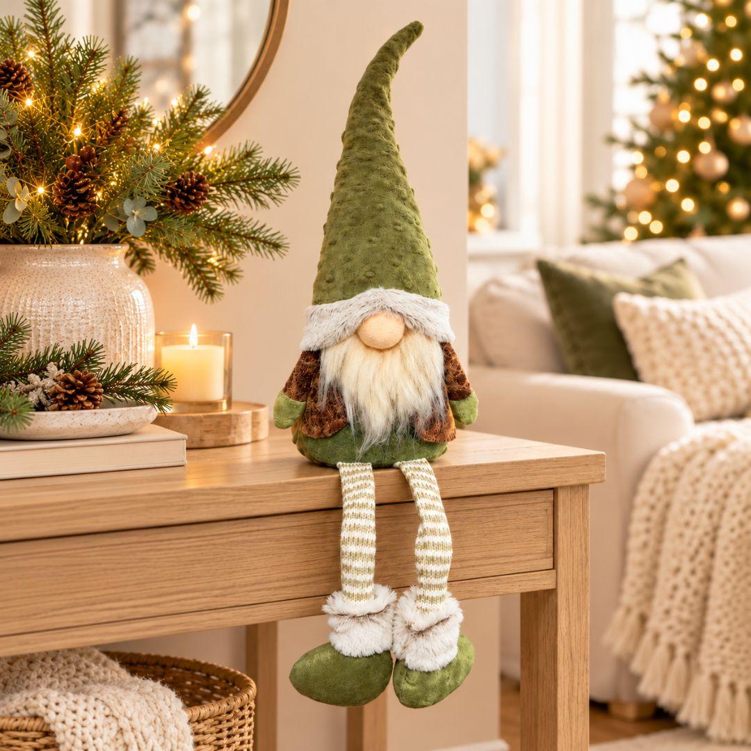 Willow Woodland green sitting Christmas gnome with dangling knitted legs displayed on a wooden console in a cosy living room