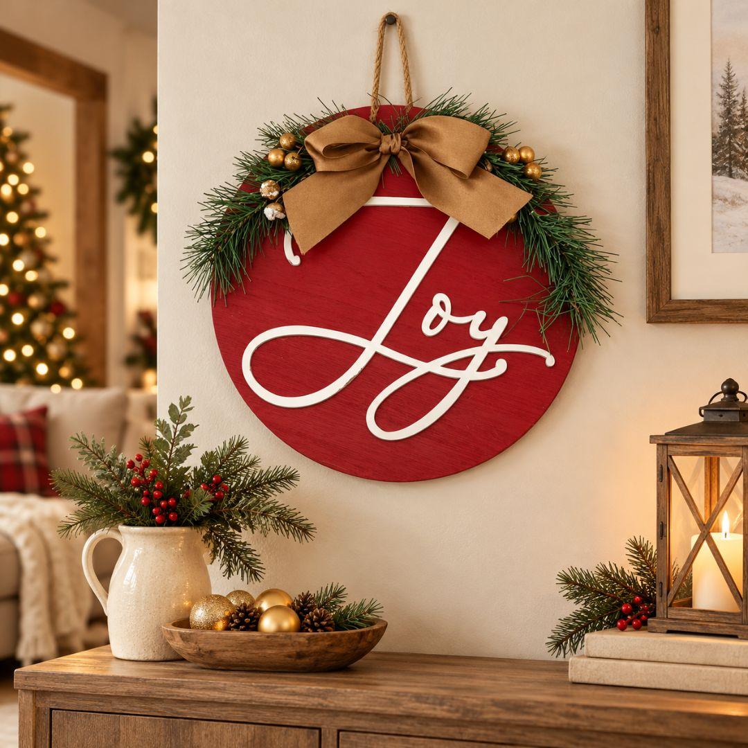 24cm Woodland Joy wooden Christmas wreath featuring white Joy lettering on red wood, pine greenery, gold berries and champagne bow on beige background