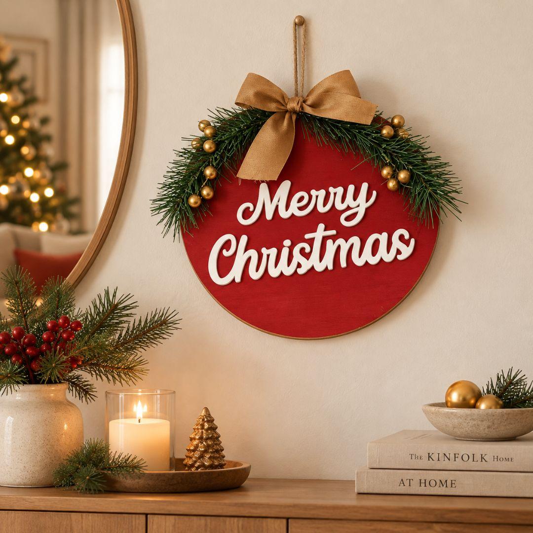 24cm Golden Pine Merry Christmas wooden wreath with red round base, white script lettering, gold ribbon bow and festive greenery on beige background