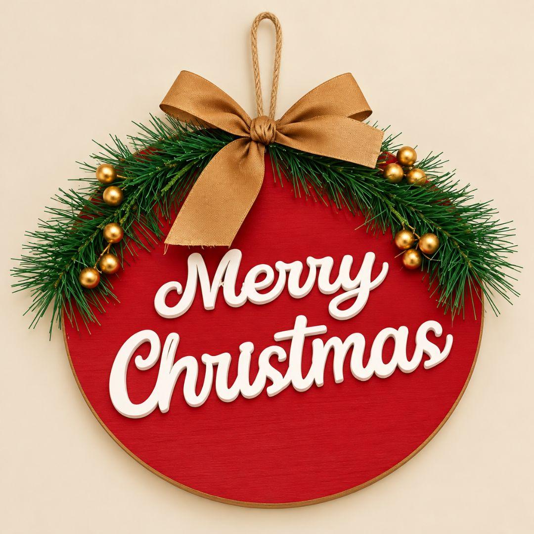 24cm Golden Pine Merry Christmas wooden wreath with red round base, white script lettering, gold ribbon bow and festive greenery on beige background
