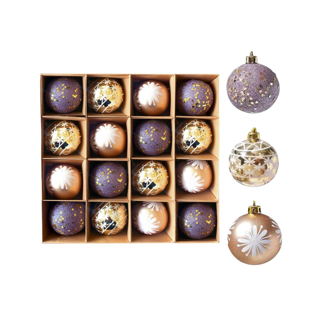 16pcs Set Gold Purple Christmas Hanging Baubles Ornament