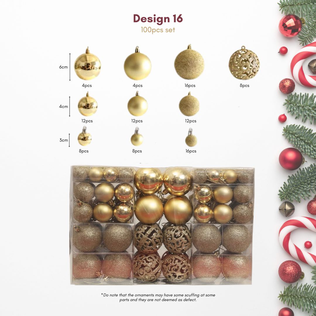 100pcs Set Gold Christmas Hanging Baubles Ornament