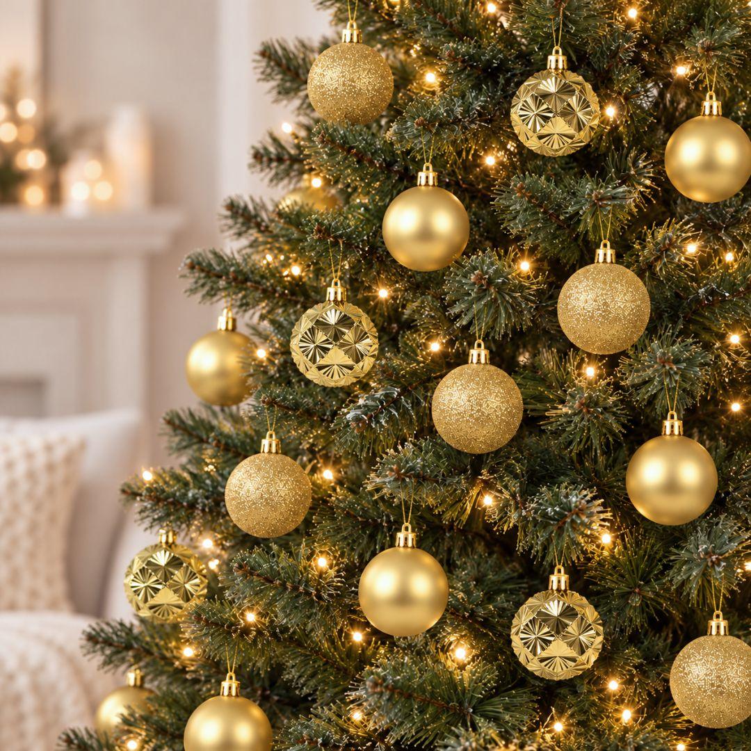 Yuletide Sparkle gold 6cm Christmas baubles in glitter, satin and geometric starburst finishes hanging on an artificial Christmas tree with warm fairy lights.