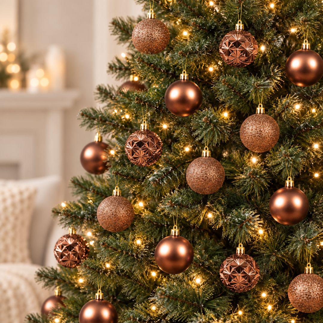Yuletide Sparkle bronze 6cm Christmas baubles with copper-toned glitter, satin and geometric starburst finishes hanging on a pre-lit artificial Christmas tree.