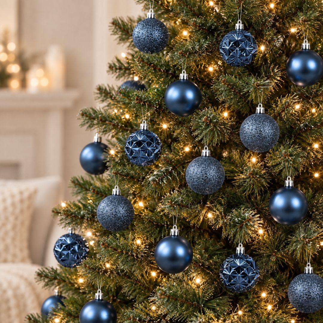 Yuletide Sparkle navy blue 6cm Christmas baubles featuring glitter, satin and geometric starburst designs hanging on a warm-lit artificial Christmas tree.