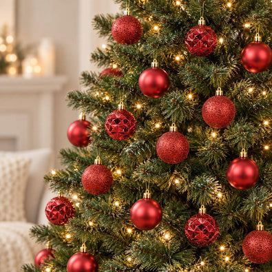 Yuletide Sparkle burgundy red 6cm Christmas baubles featuring glitter, satin and geometric starburst finishes hanging on a pre-lit artificial Christmas tree.