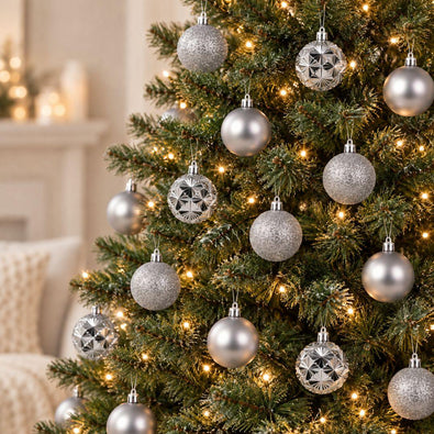 Yuletide Sparkle silver 6cm Christmas baubles featuring glitter, satin and geometric starburst finishes decorating a pre-lit artificial Christmas tree.