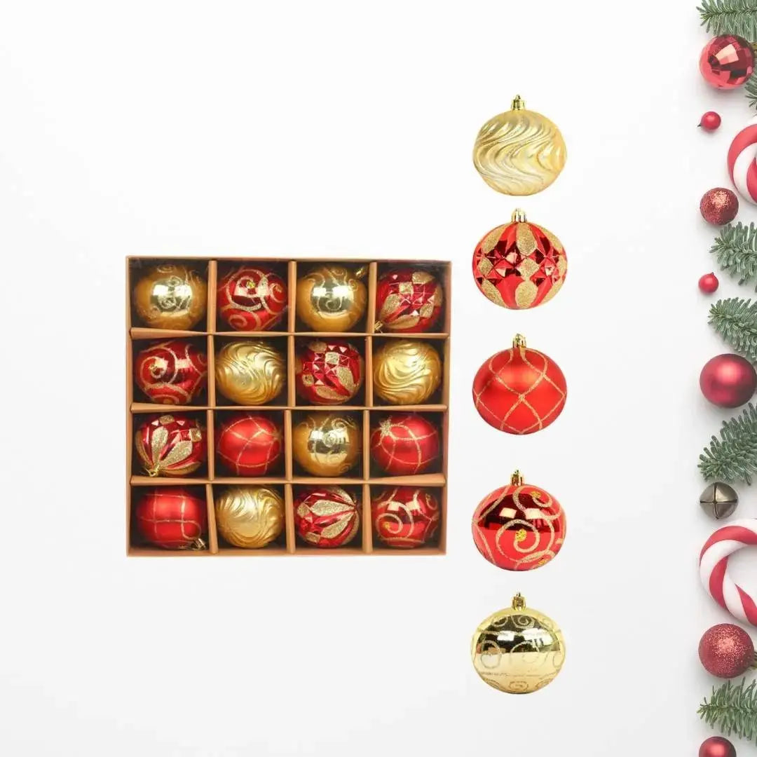 16pcs Set 8cm Gold Red Christmas Hanging Baubles Ornament (D28)-Speckled Space