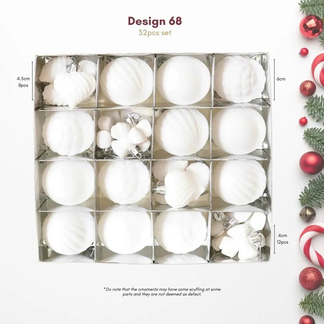 32pcs Set White Velvet Christmas Hanging Baubles Ornament (D68)-Speckled Space