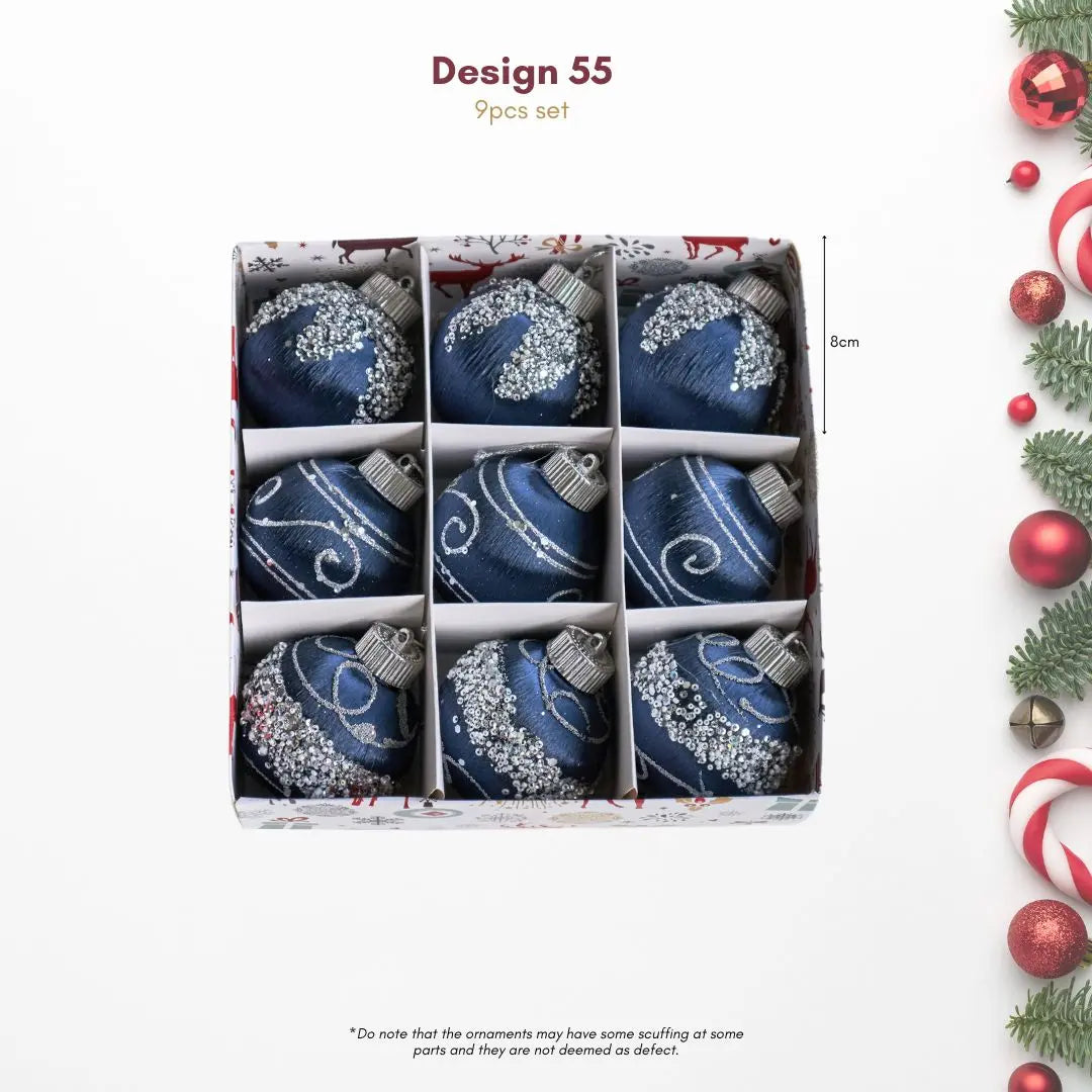 9pcs Set 8cm Blue Christmas Hanging Baubles Ornament (D55)-Speckled Space
