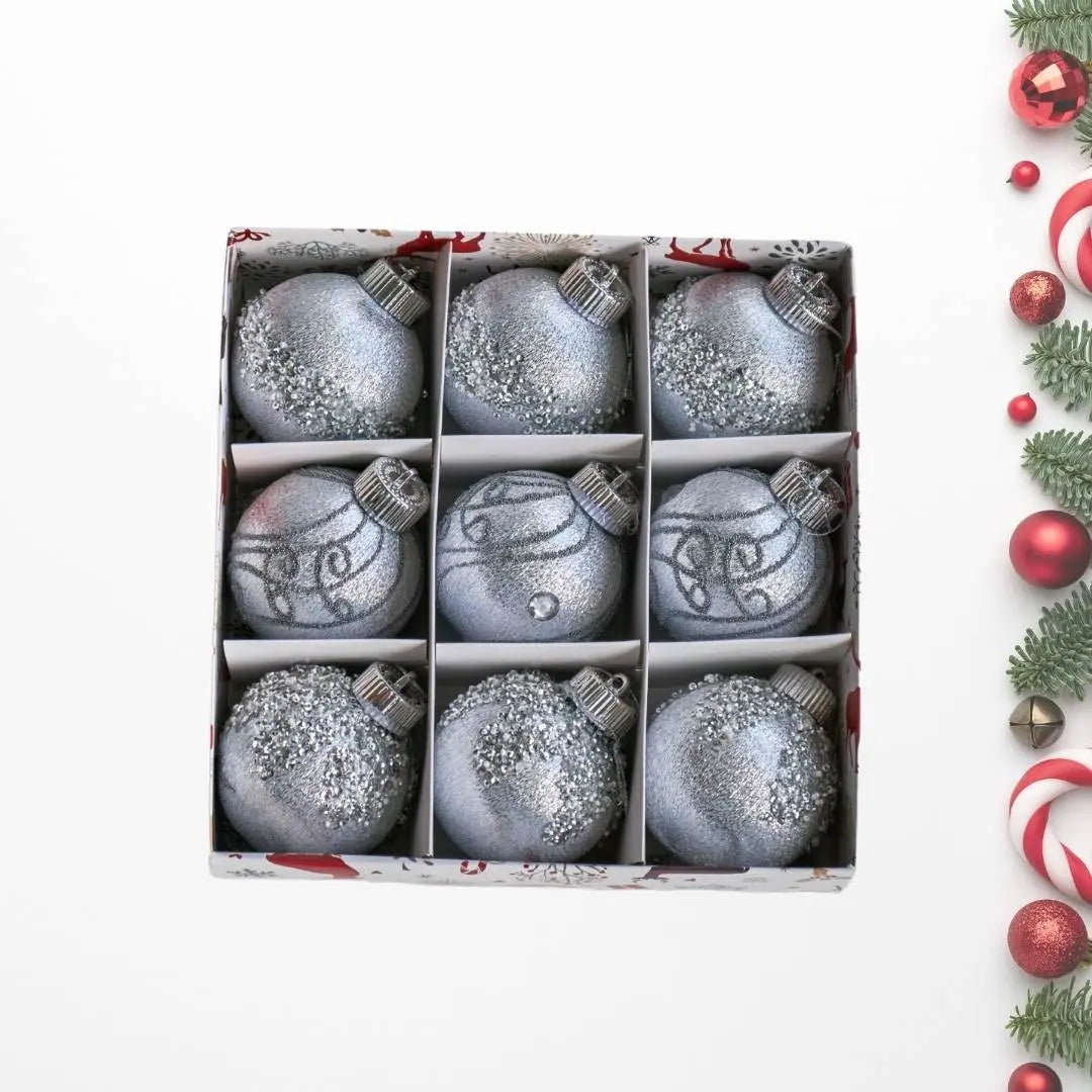 9pcs Set 8cm Silver Christmas Hanging Baubles Ornament (D54)-Speckled Space