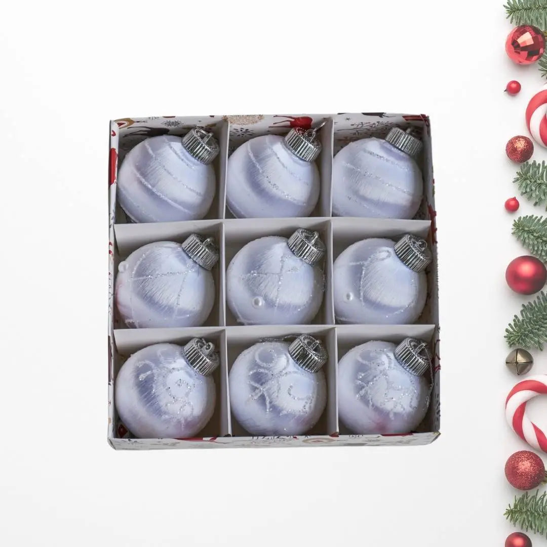 9pcs Set 8cm White Christmas Hanging Baubles Ornament (D52)-Speckled Space