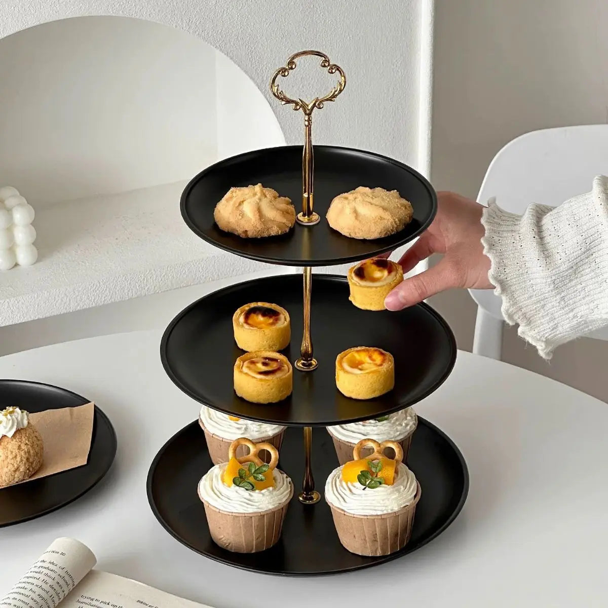 Berinalo Black  Stainless Steel 3 Tier Dessert Tray Stand My Store