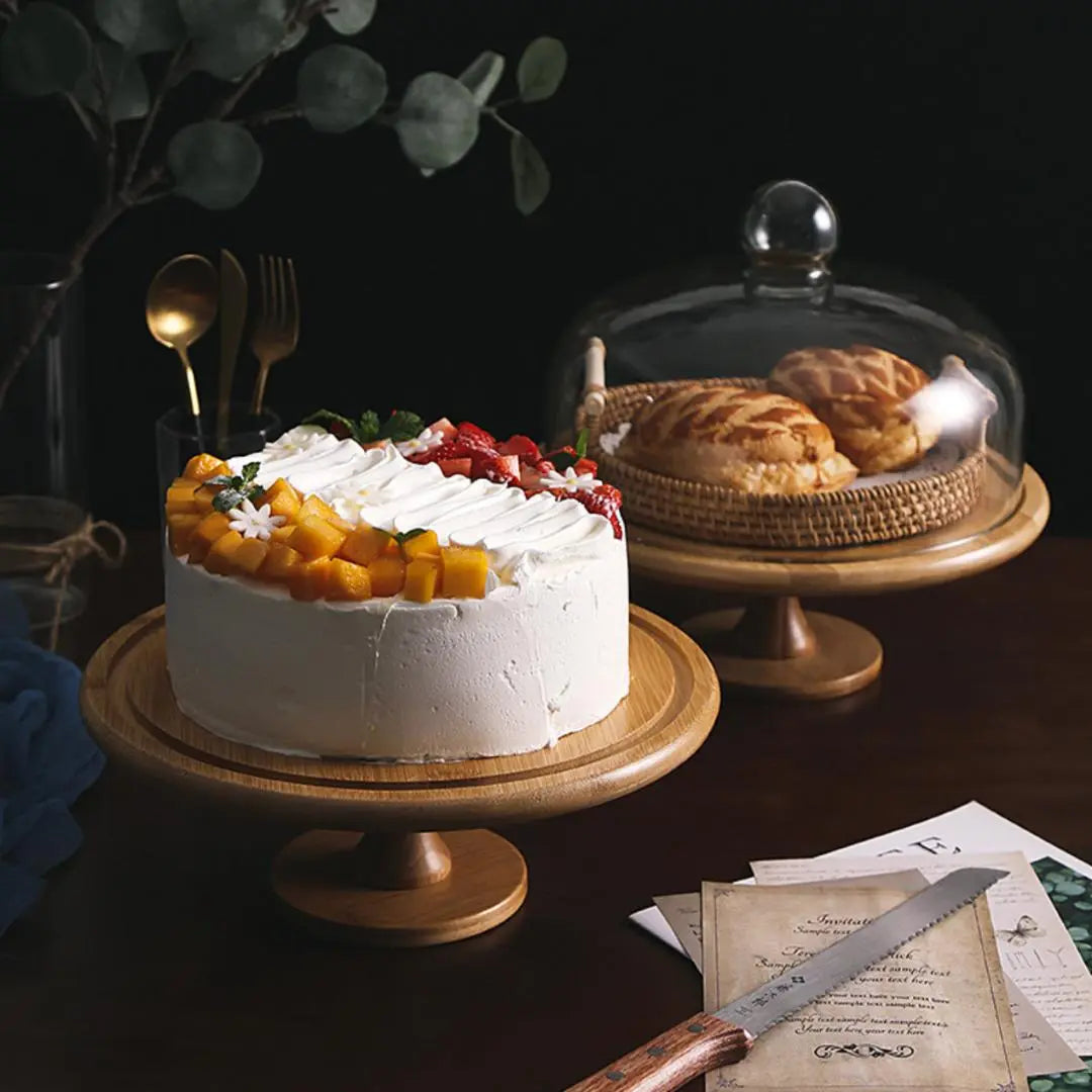 Walmer Cake Serving Stand with Dome Glass Lid Wooden Platter-Speckled Space