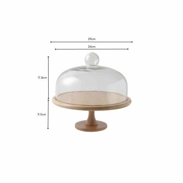 Walmer Cake Serving Stand with Dome Glass Lid Wooden Platter