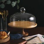 Walmer Cake Serving Stand with Dome Glass Lid Wooden Platter